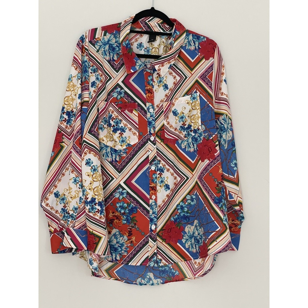 Millenium Women's Size 3X Colorful Satin Button Down Blouse Top Feminine
